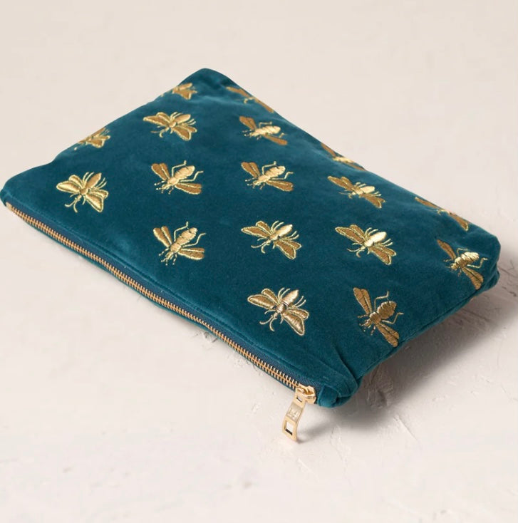 Honey Bee Velvet Everyday Pouch -Rich Blue Teal