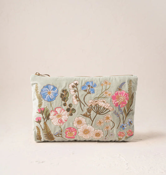Pressed Flowers Velvet Everyday Pouch -Sage/Velvet