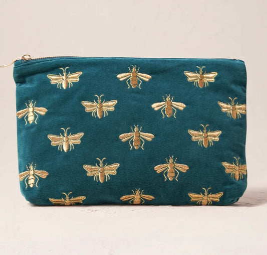 Honey Bee Velvet Everyday Pouch -Rich Blue Teal