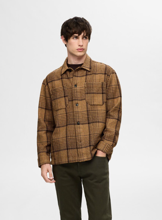 SLHBOXY Houndstooth Big Check Overshirt - Chocolate