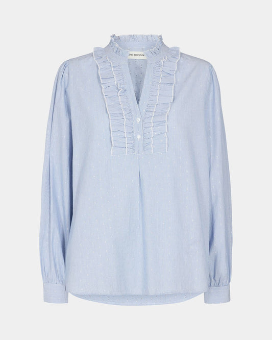 ruffle neck blouse with silver spot and fine light blue stripe