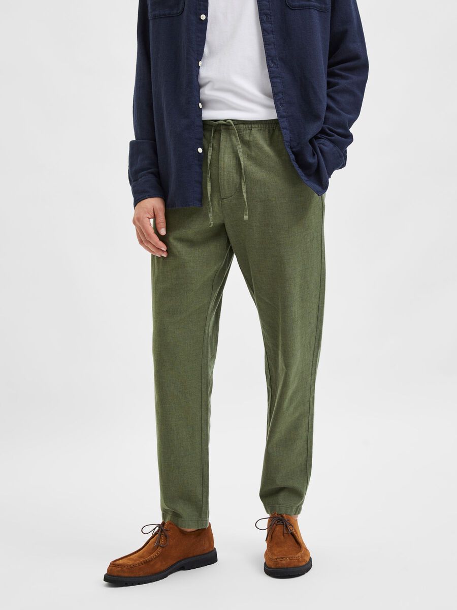 Olive Green Linen Blend Trousers