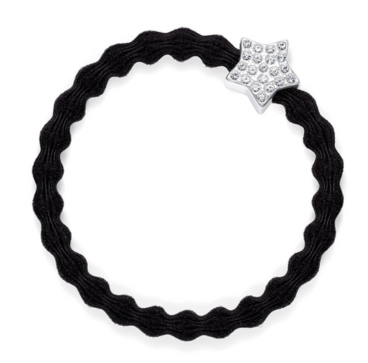 Silver Diamanté Star Bangle Band - Black