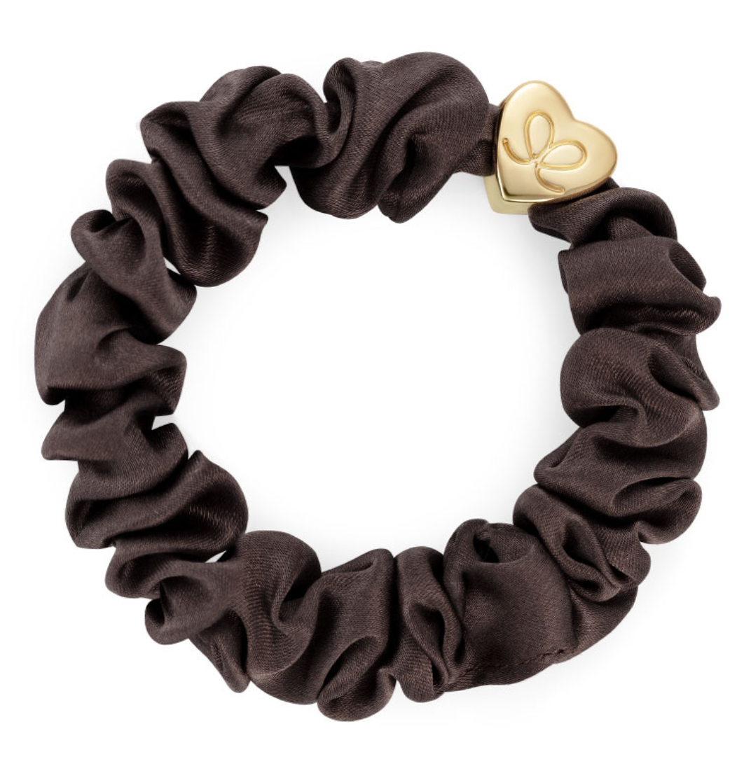 ByEloise Gold Heart Silk Scrunchie - Mocha