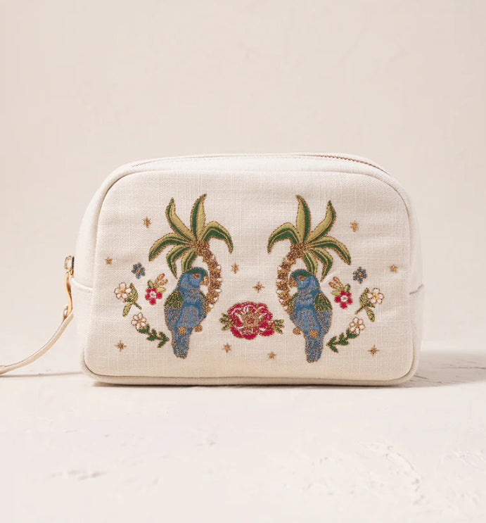 Tropical Parrot Canvas Makeup Bag -Cream