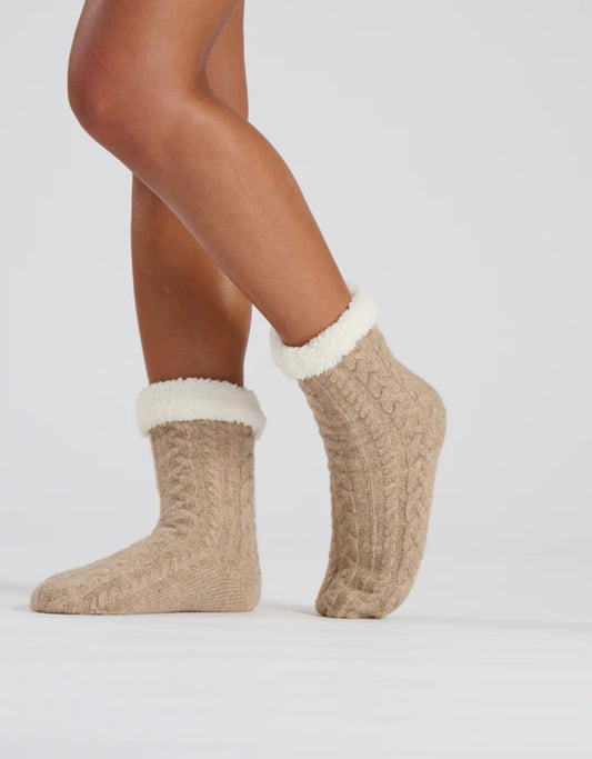 Beige Marl Cable Knit Socks With Sherpa lining