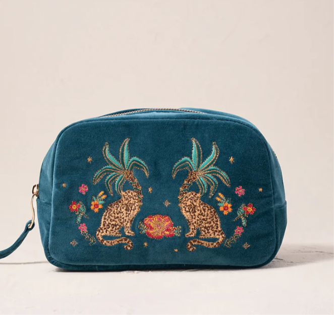 Tropical Jaguar Velvet Makeup Bag -Rich Blue