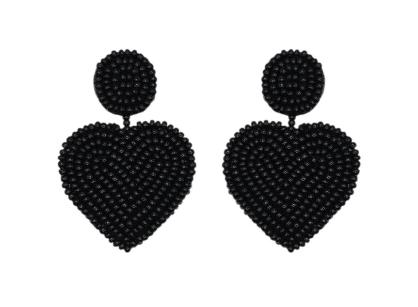 Black Beaded Heart Earrings