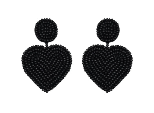 Black Beaded Heart Earrings
