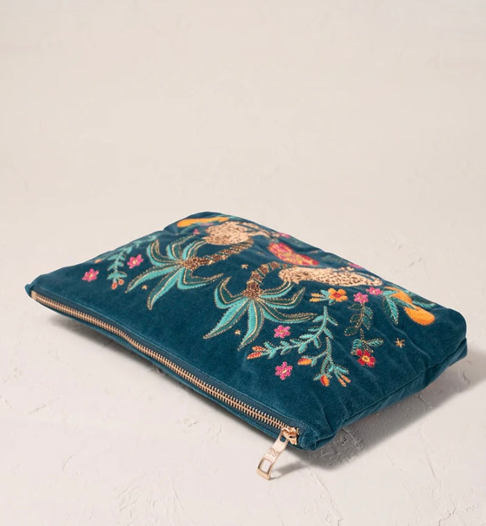 Tropical Jaguar Velvet Everyday Pouch -Rich Blue