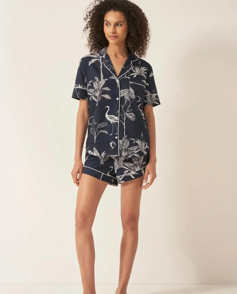 Women’s Organic Cotton Short Sleeve Pyjama Short Set -Navy Botanical Jungle