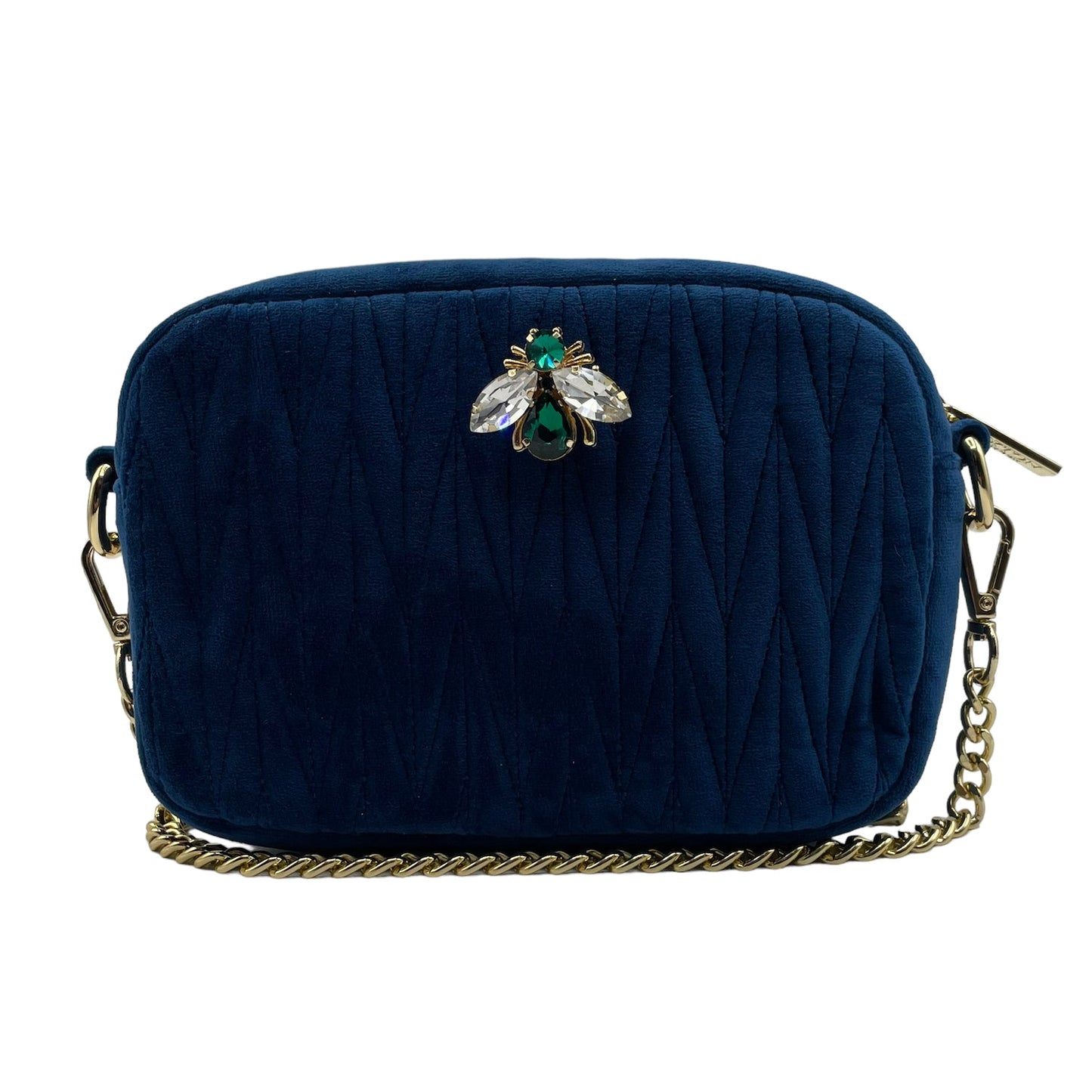 Velvet Rivington Handbag in Blue with luna bee pin - recycled velvet