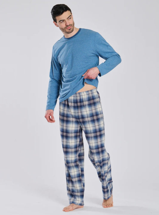 Men’s Blue Jersey Top With Brushed Check Trousers