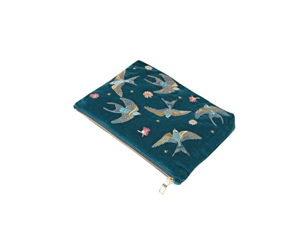 Swallows Velvet Everyday Pouch - Rich Blue