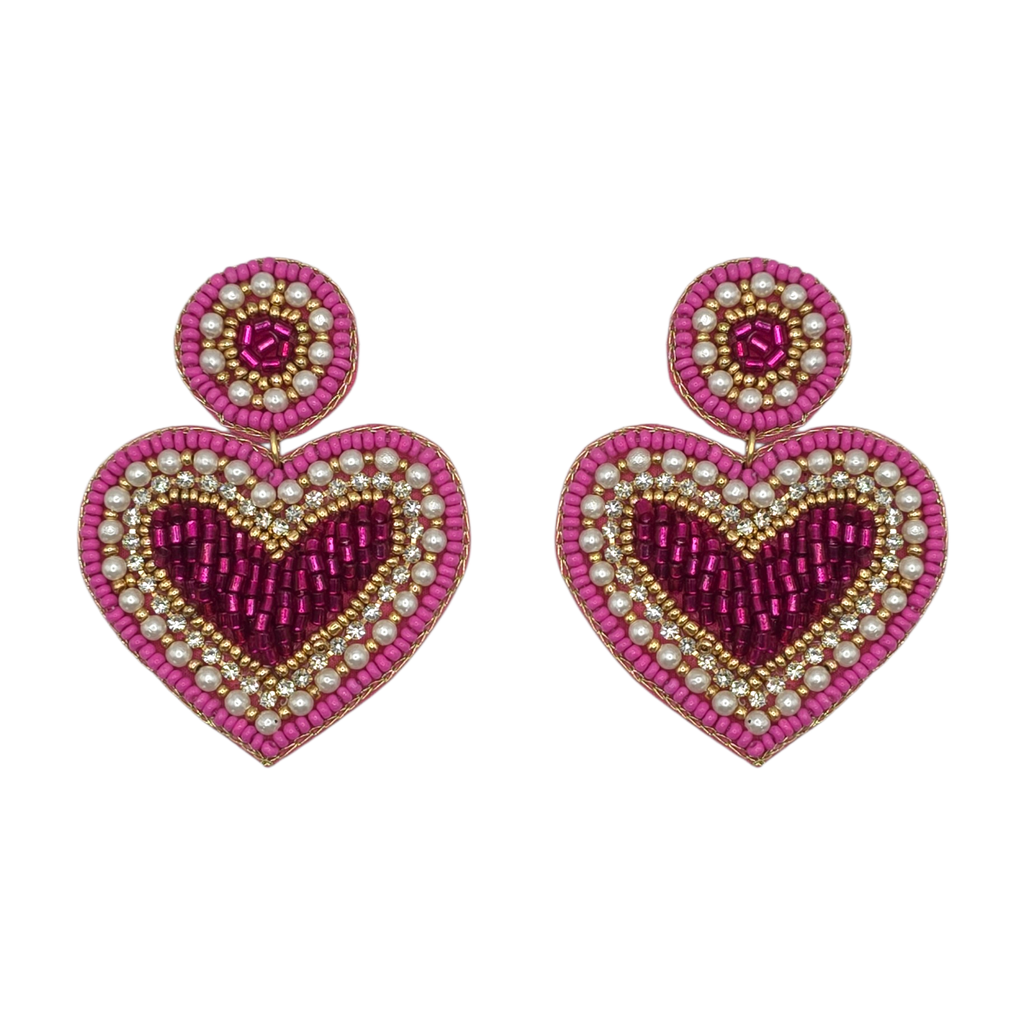 Pink & Pearl Beaded Heart Earrings