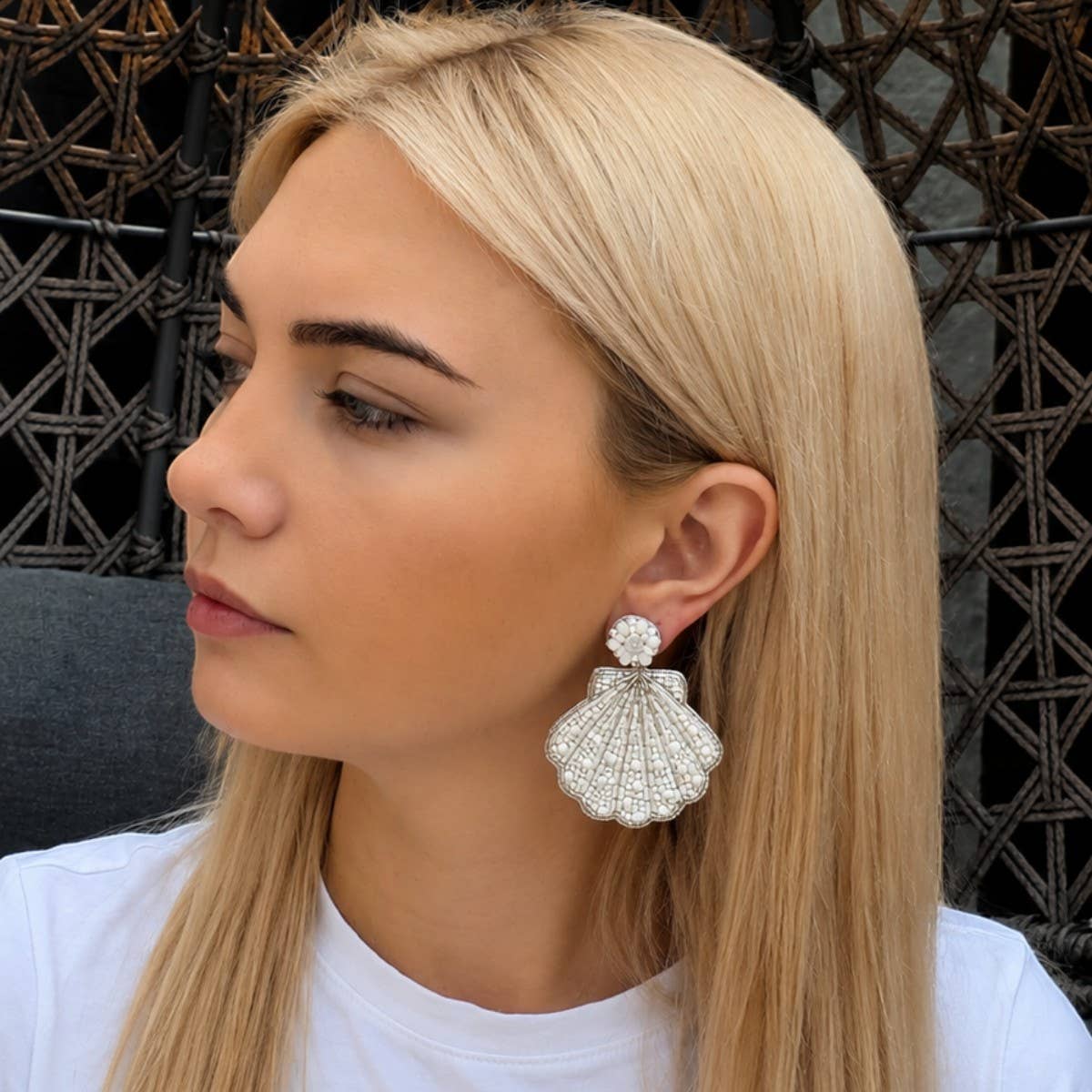 White Shimmer Beaded Shell Earrings