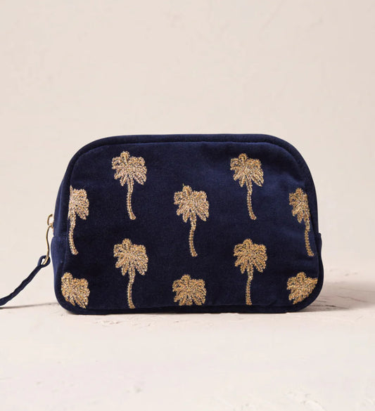 Gold Palm Velvet Makeup Bag-Navy