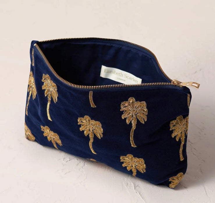 Gold Palm Velvet Everyday Pouch-Navy