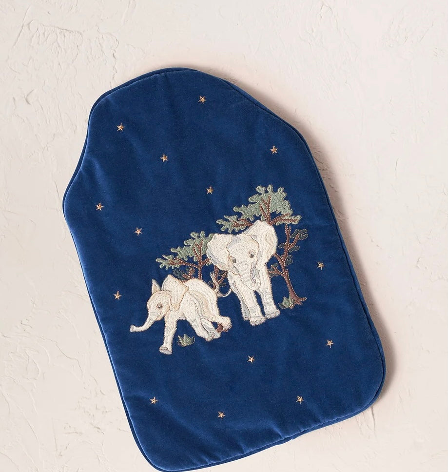 Baby Elephant Conservation Velvet Hot Water Bottle -Navy