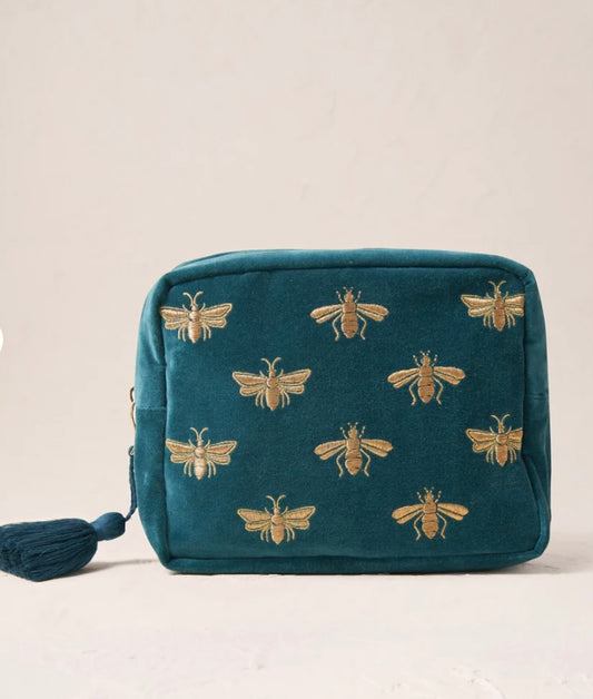 Honey Bee Velvet Wash Bag - Rich Blue Teal