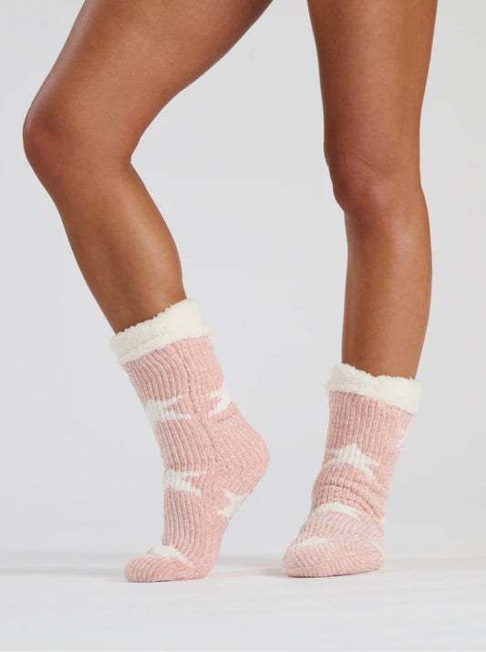 Pink Star Chenille Star Socks With Sherpa Lining