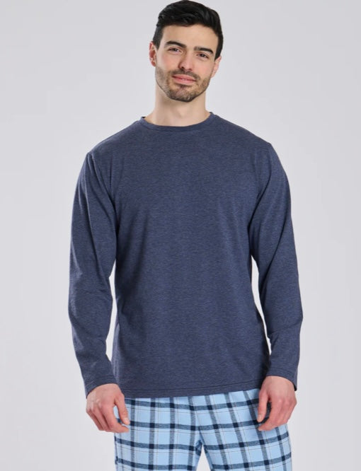 Mens Navy Jersey Top With Brushed Checked Trousers