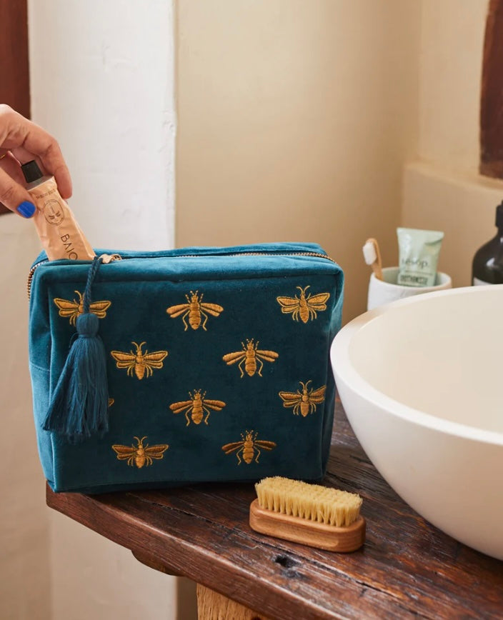 Honey Bee Velvet Wash Bag - Rich Blue Teal