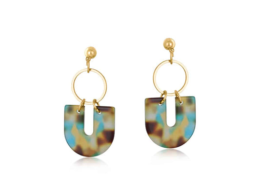 Big metal London Sophia geo metal and resin dangle earrings - blue yellow brown