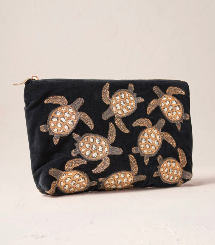 Turtle Conservation Velvet Everyday Pouch -Charcoal