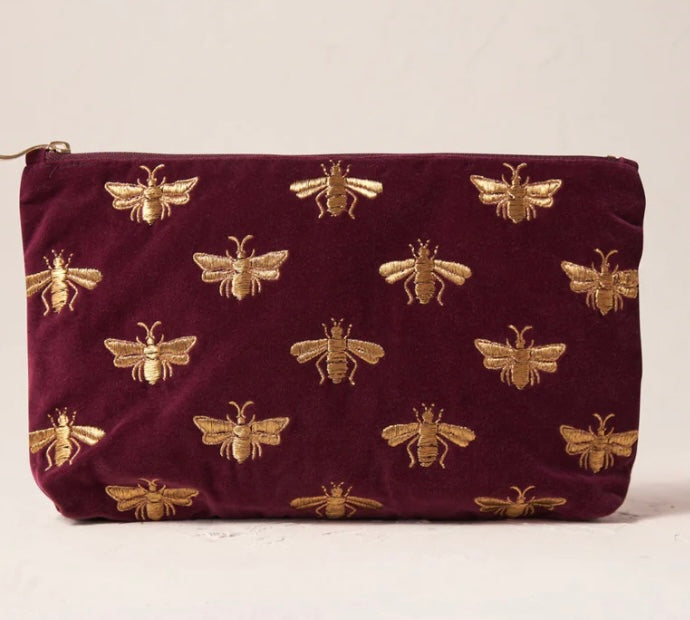 Honey Bee Velvet Everyday Pouch - Plum