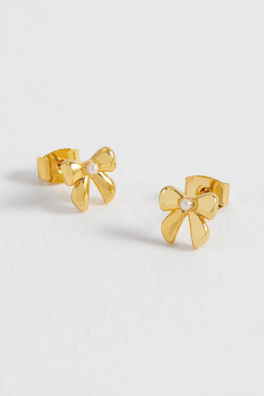 Pearl Bow Stud Earrings- Gold Plated