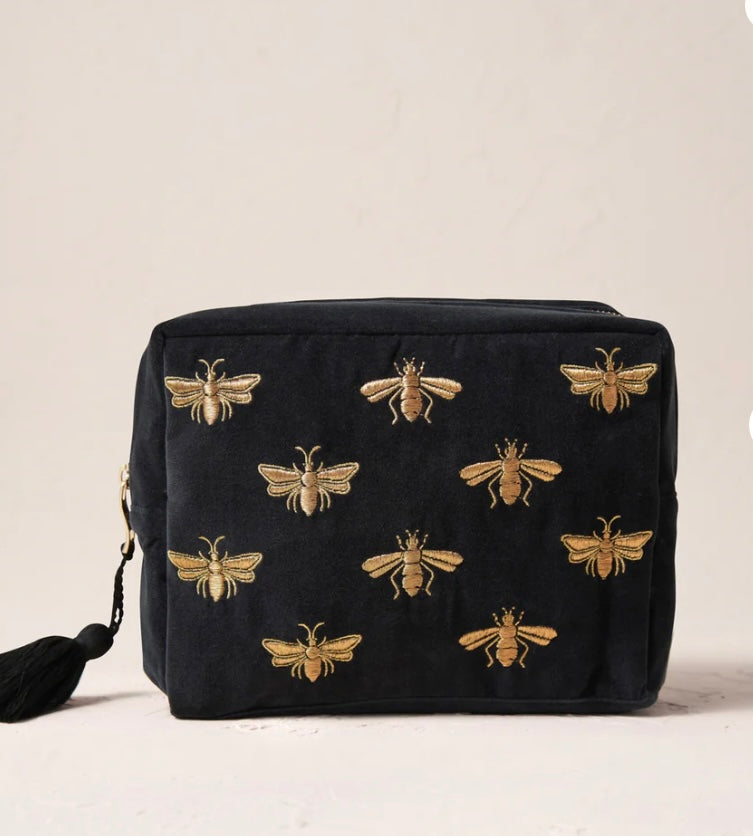 Honey Bee Velvet Wash Bag - Charcoal