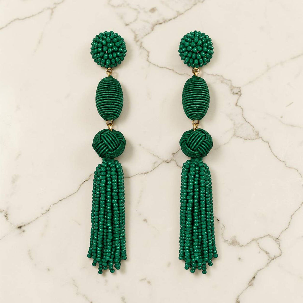 Emerald Woven Ball Tassel Earrings