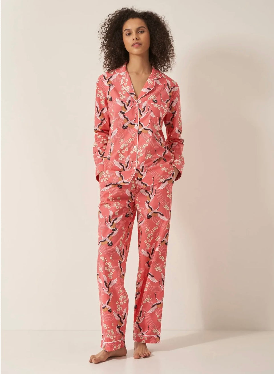 Women’s Organic Cotton Pyjamas Trouser Set - Crane On Coral