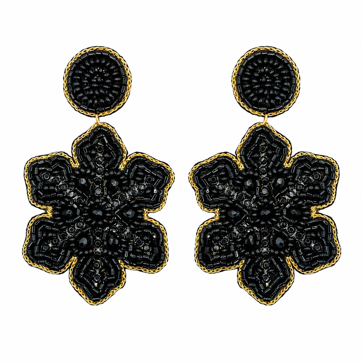 Black Beaded Flower Drop Earrings