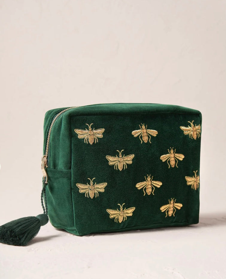 Honey Bee Velvet Wash Bag- Forest