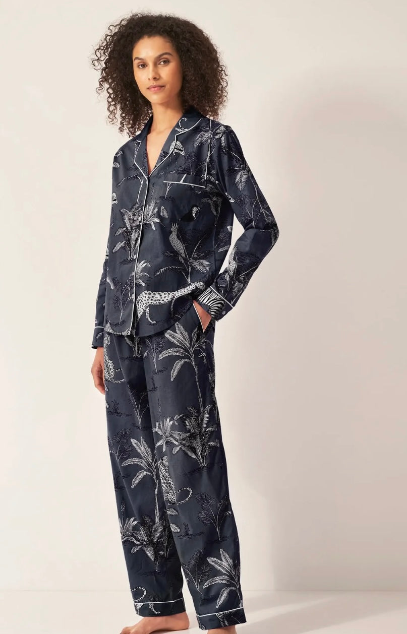 Women’s Organic Cotton Pyjama Trouser Set - Navy Botanical Jungle