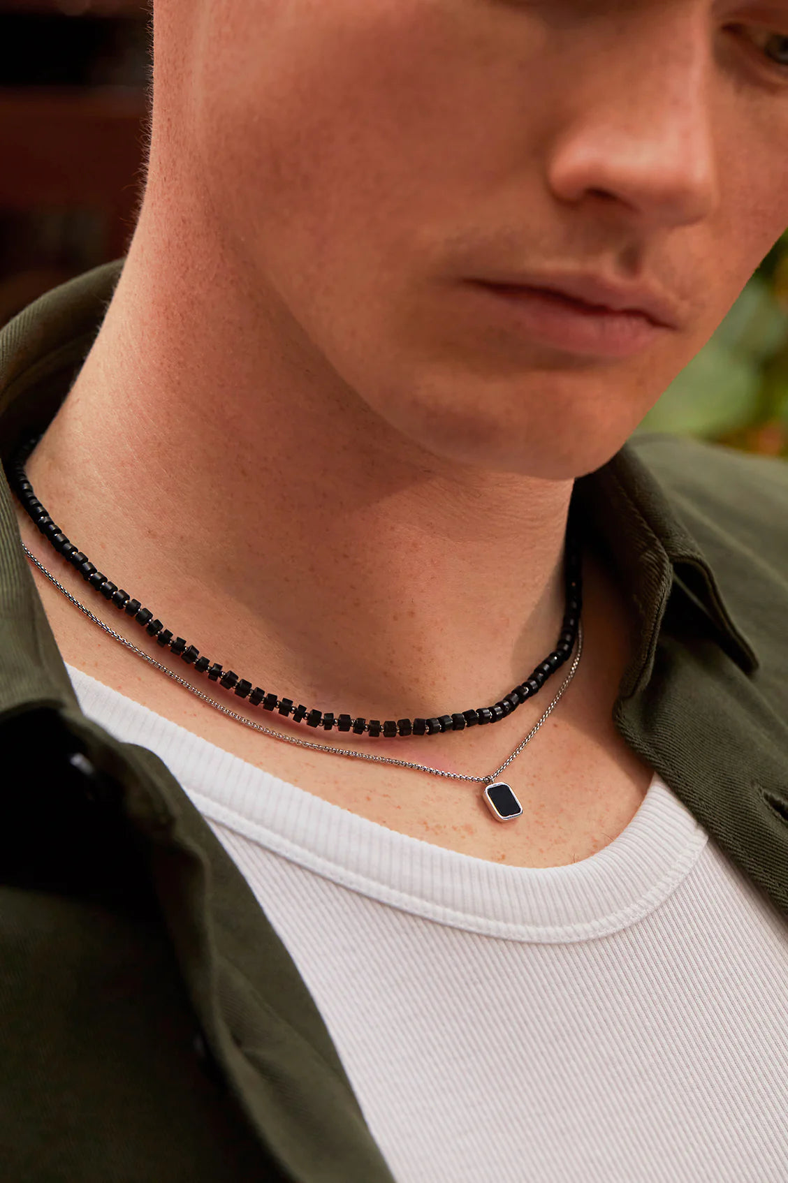 Mens Gemstone Rondelle Necklace -Black Onyx