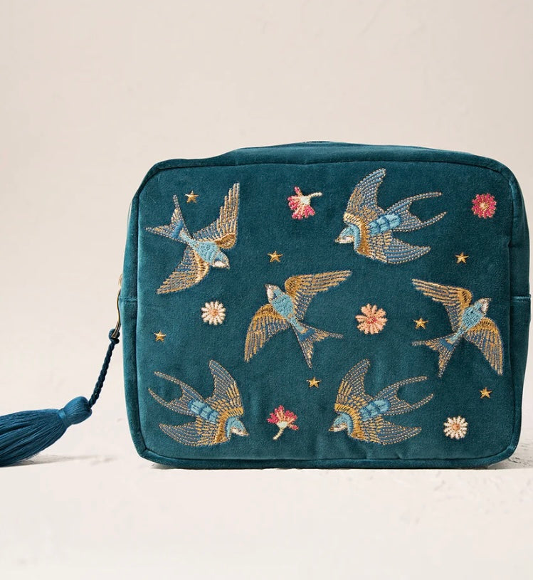 Swallows Velvet Wash Bag - Rich Blue