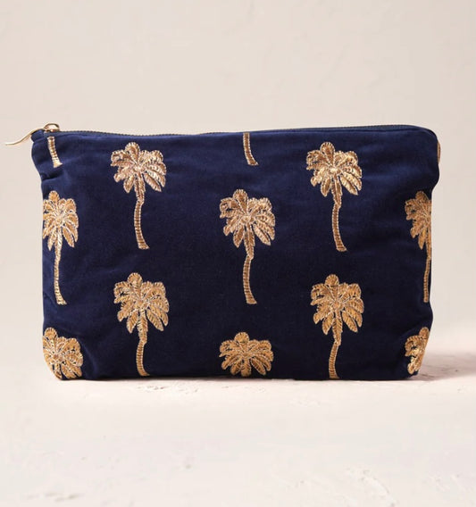 Gold Palm Velvet Everyday Pouch-Navy