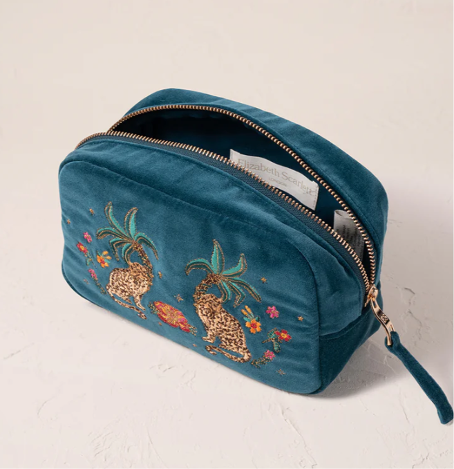 Tropical Jaguar Velvet Makeup Bag -Rich Blue