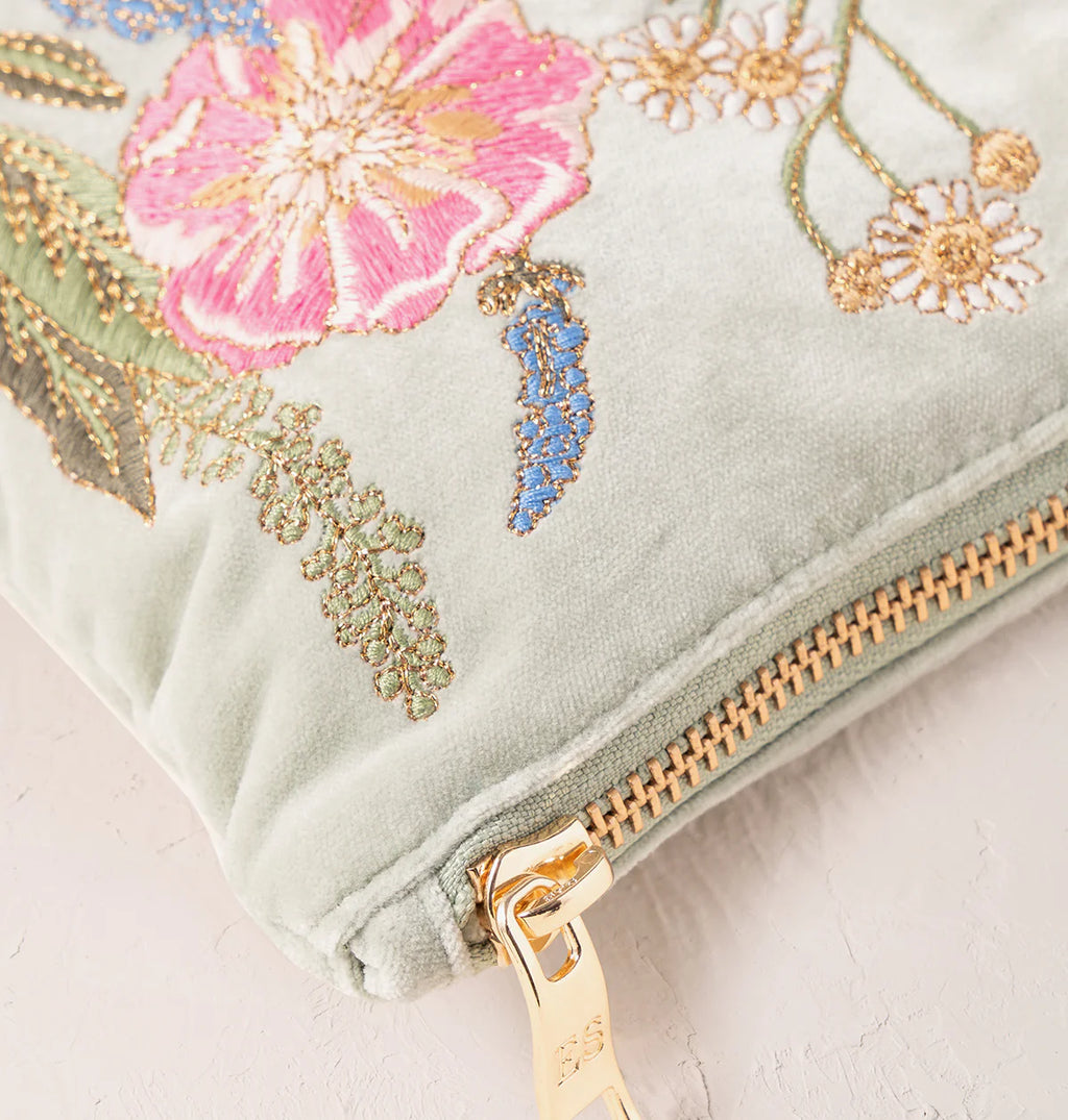 Pressed Flowers Velvet Everyday Pouch -Sage/Velvet