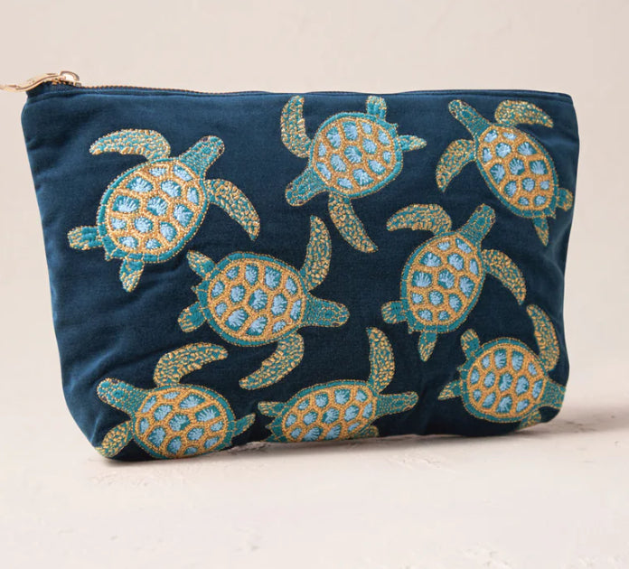 Turtle Conservation Velvet Everyday Pouch -Marine Navy