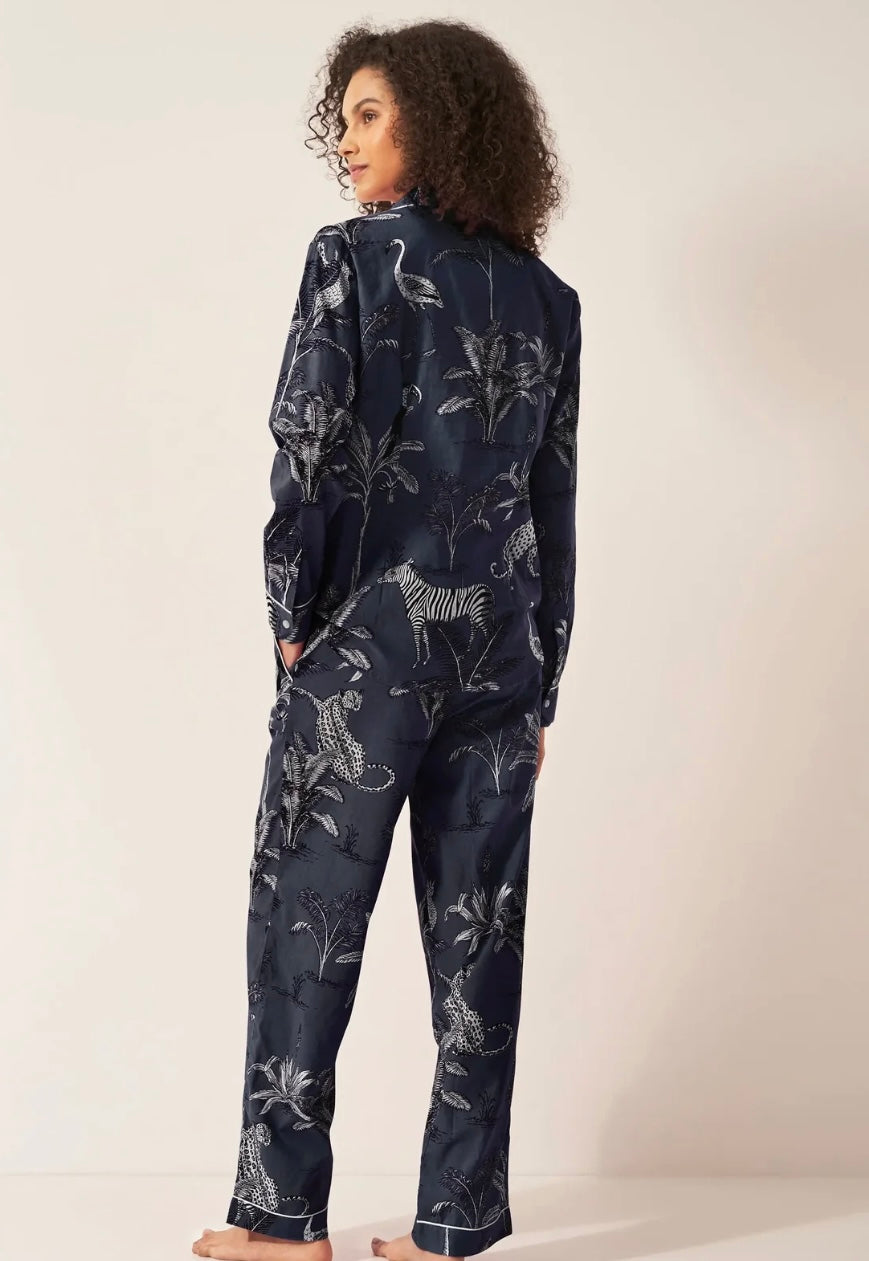 Women’s Organic Cotton Pyjama Trouser Set - Navy Botanical Jungle