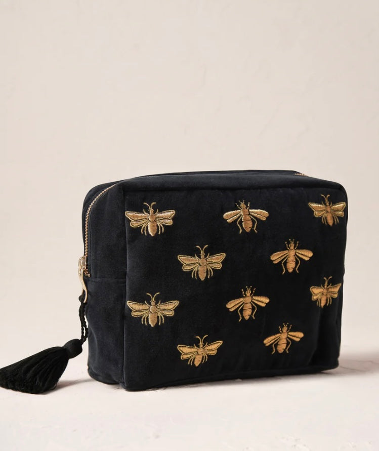 Honey Bee Velvet Wash Bag - Charcoal