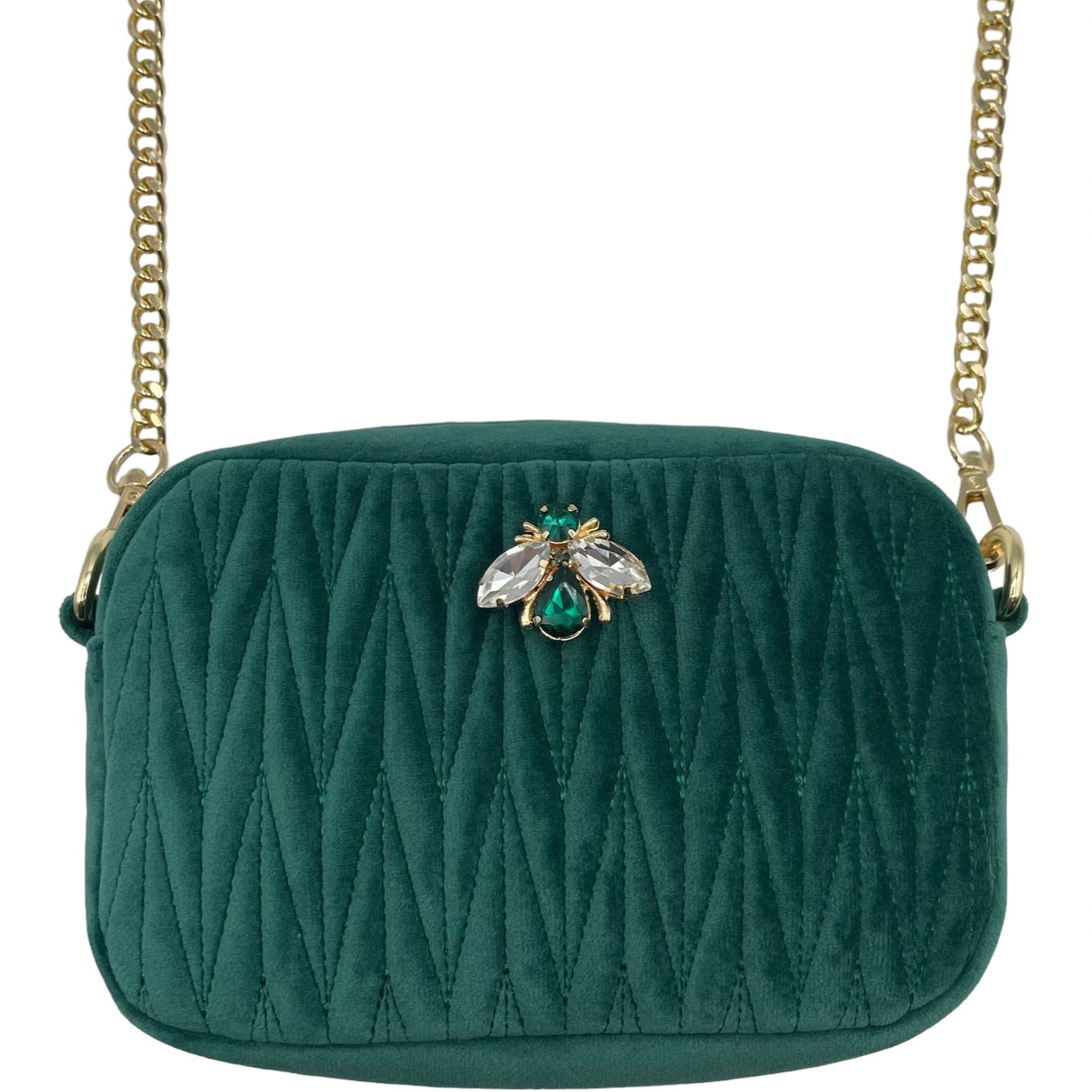 Velvet Rivington Handbag in Green with luna bee pin - recycled velvet