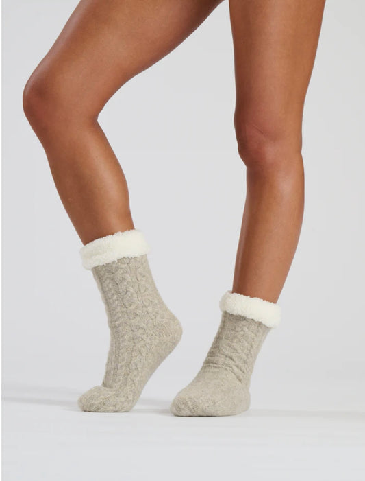 Dark Oatmeal Marl Cable Knit Socks With Sherpa Lining