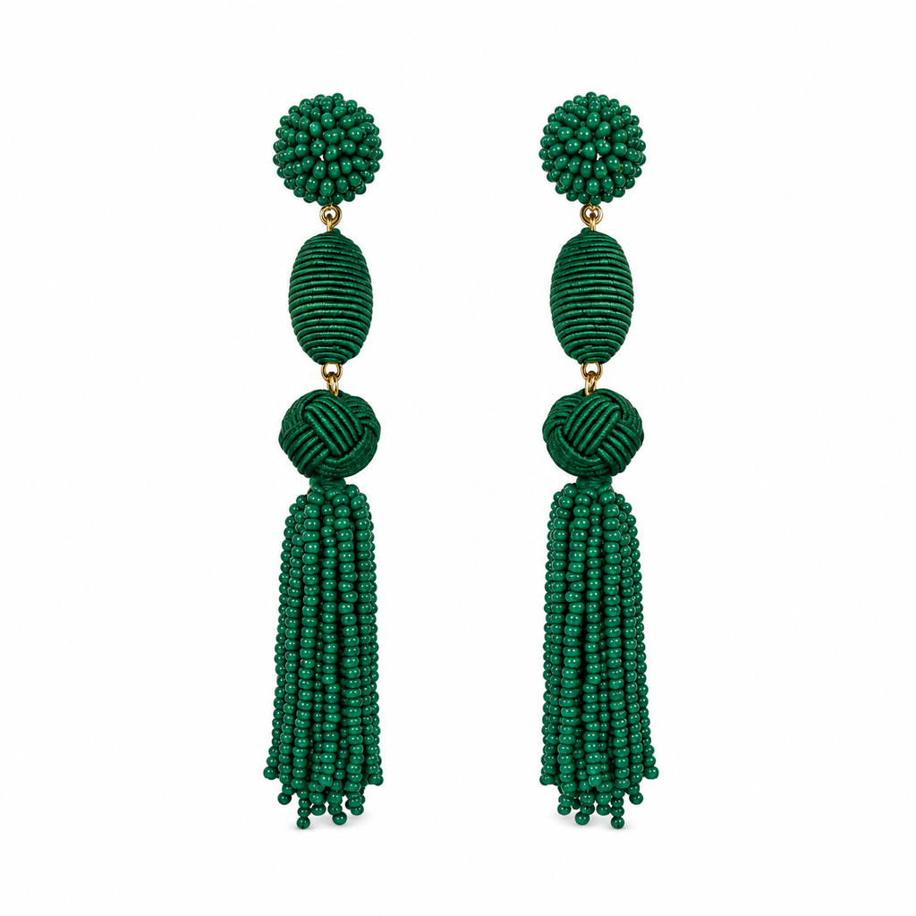 Emerald Woven Ball Tassel Earrings