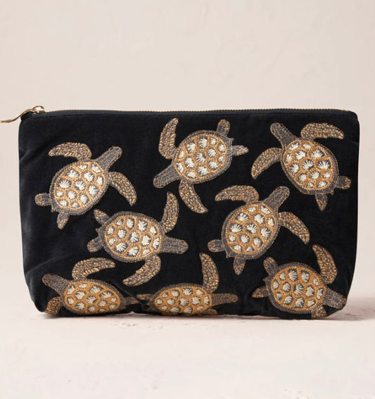 Turtle Conservation Velvet Everyday Pouch -Charcoal