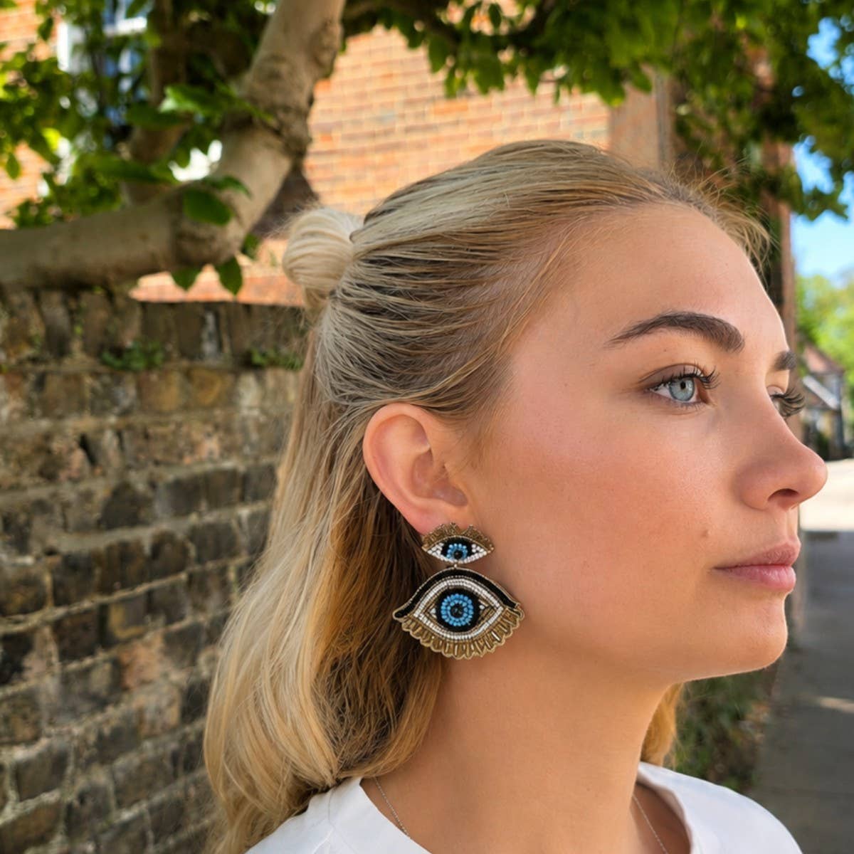 Gold Beaded Double Eye Drop Earrings